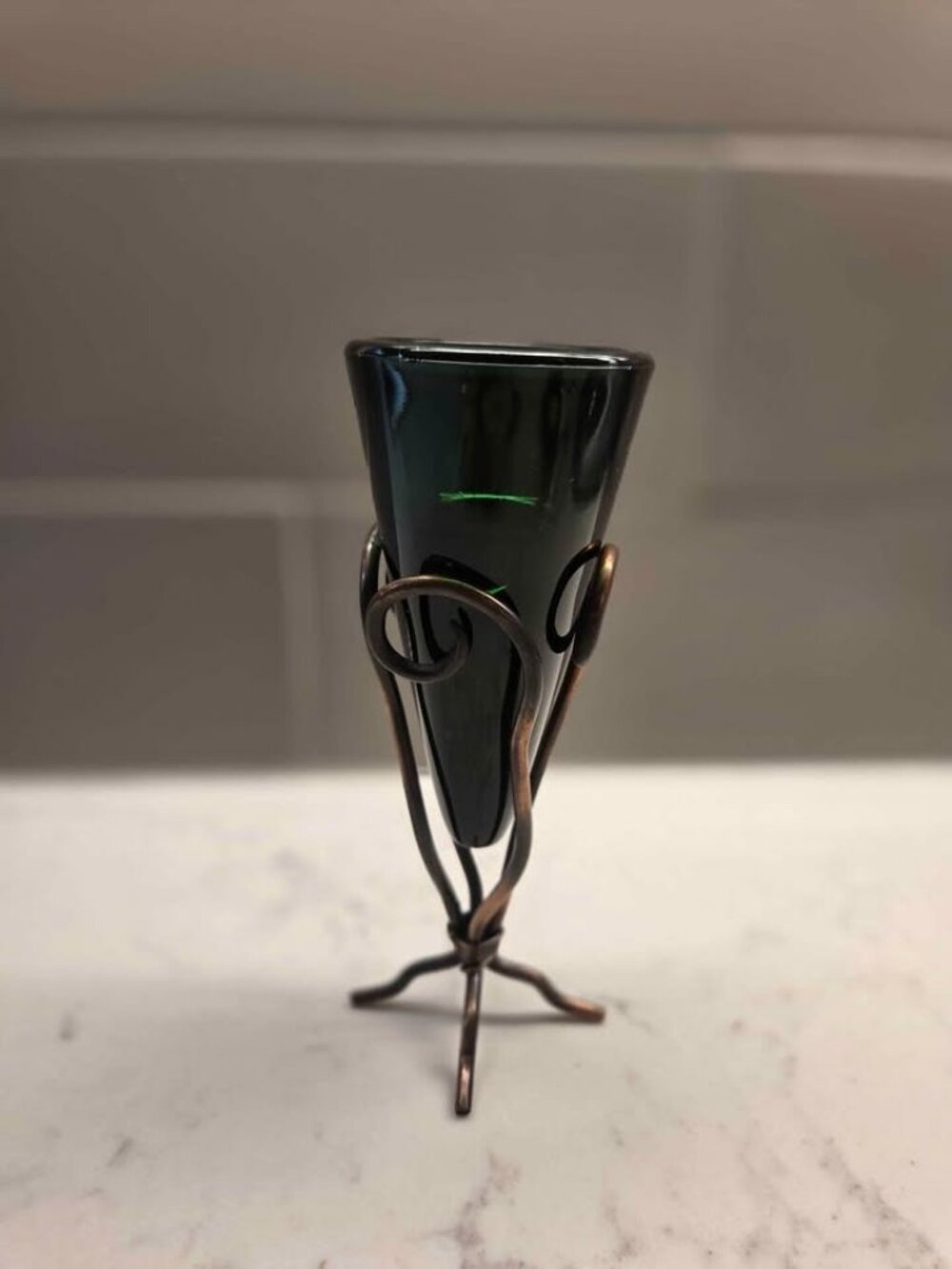 Green cone glass vase in metal stand made in India